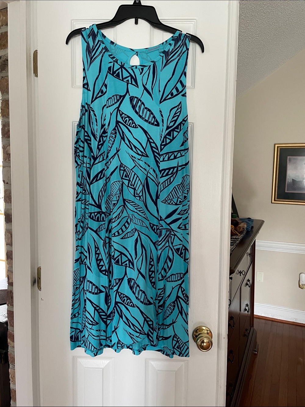 fresh produce Turquoise Midi Dress with Navy Leaf Print